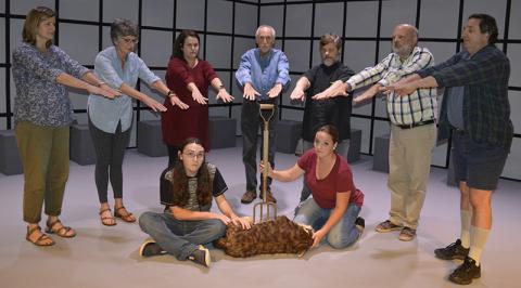 The cast of The Curious Incident includes (from left): Virginia Mattox, BJ Foster, Jessica Gentry, Ben Stephens, David Layfield, Lamar Barber, Jon Jordan. Not pictured is Susan Morgan. Photo by Pam Roman. 