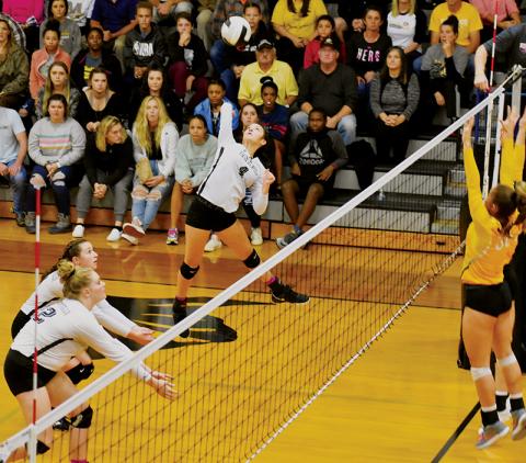 Robbinsville sophomore Kennedy Cable leaps for a kill attempt during the Lady Knights’ third-round victory over Murphy on Oct. 31. Photos by Kevin Hensley/editor@grahamstar.com