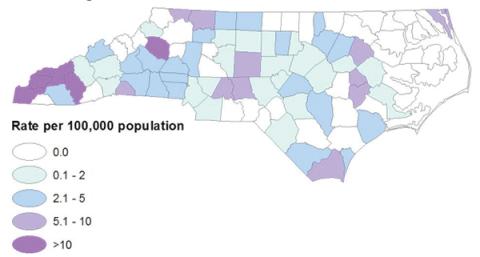 Graham County is a hotbed of Hepatitis C Transmission, as indicated by this 2017 map showing how areas around the state are affected. Map courtesy of N.C. Electronic Disease Surveilliance System.