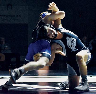 Robbinsville’s Kyle Fink (right) jockeys for position with Fannin County, Ga.’s Levi  Patton during Monday’s home match against the Rebels. Photo by Kevin Hensley/editor@grahamstar.com