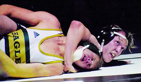 Robbinsville’s Justin Stewart has full control of Rabun Gap, Ga.’s Aidan Loring during the 160-pound finals of Saturday’s James Orr Invitational. Stewart won the bout 3-0 to seize the bracket. Photo by Jenny Millsaps/Contributing Photographer