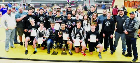 Members of the Robbinsville High School wrestling program come together to celebrate Saturday’s Smoky  Mountain Conference Tournament championship. Photos by Kevin Hensley/editor@grahamstar.com