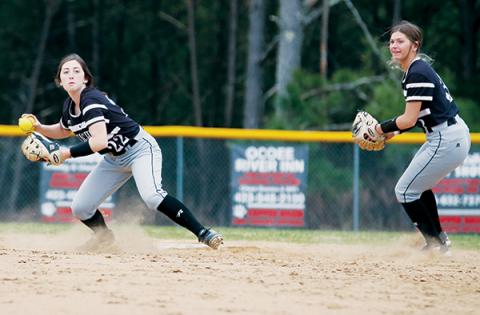 With Gracye Burchfield (right) backing her up, Robbinsville's Gabby Hooper eyes a putout during Monday’s season-opening victory at Copper Basin.