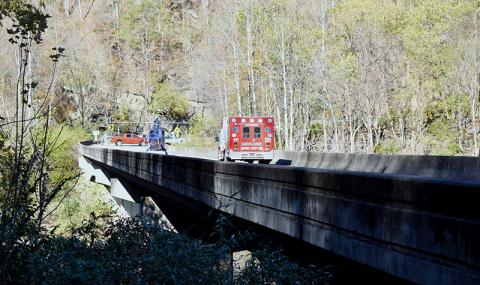 A motorcyclist was flown out following a crash on Highway 129 near Tapoco Lodge on Friday. Photo by Charlie Benton/news@grahamstar.com