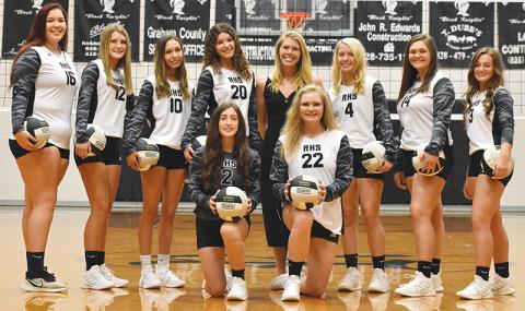 The 2020-21 Robbinsville Lady Knights are (front row): Gabby Hooper (left) and Karcee Dooley. Standing in back (from left) are Aubrie Wachacha, Kelsey Waldroup, Dallas Garrett, Yeika Jimenez, head coach Kadey Phillips, Kensley Phillips, Ivy Odom and Ally Ayers. Not pictured are Halee Anderson, Delaney Brooms and assistant coach Dede Brooms. Photo by Kevin Hensley/editor@grahamstar.com