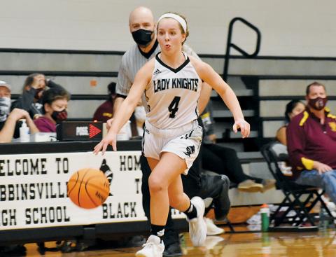 Lady Knights sophomore point guard Desta Trammell sprints toward the basket on a fast break during the Feb. 9 triple-overtime victory against Cherokee. Trammell was just named the 2020-21 Big Smoky Mountain Conference Girls Player of the Year. Photos by Kevin Hensley/editor@grahamstar.com