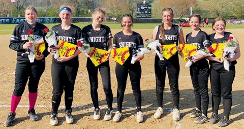 Prior to Tuesday’s season finale, Robbinsville Middle School recognized its eighth-grade softball players: Liz Carpenter, Keilee Pressley, Claire Barlow, Bailie Conley, Lakelyn Eller, Abby Adams and Olivia Stewart (from left). Photo courtesy of Anna Stewart
