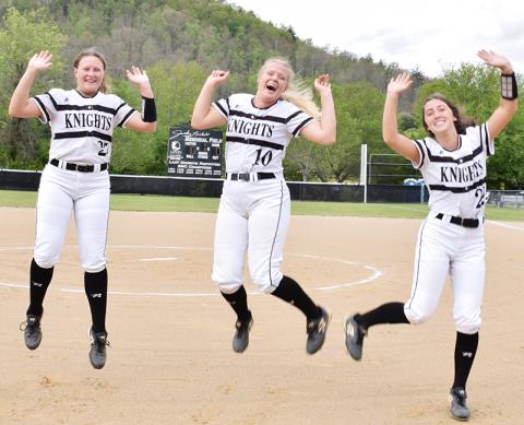 Robbinsville's Sydney Farley, Maggie Knight and Gabby Hooper (from left) celebrate Senior Night on April 29. Photo by Art Miller/amiller@grahamstar.com