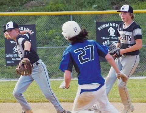 Robbinsville’s Greylon Orr (left) looks to turn the second leg of a double play Friday against Hiwassee Dam. Photo by Art Miller/amiller@grahamstar.com