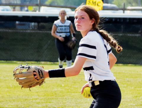 Robbinsville freshman Zoie Shuler eyes a throw to first base during April 28’s home game against Rosman. Shuler led the Lady Knights this season with 25 defensive assists. Photo by Art Miller/amiller@grahamstar.com