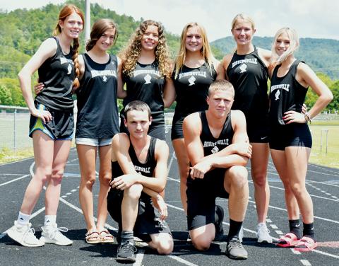 The Robbinsville track program qualified 10 athletes for Friday's 1A state track meet. Kneeling in front are Hayden Stewart (left) and Cutler Adams. Standing in back are Zoie Shuler, Keylie Jordan, Lina Pagan, Haize Moore, Kensley Phillips and Caylin Lunsford. Not pictured are Brock Adams and Delaney Brooms. Photos by Kevin Hensley/sports@grahamstar.com