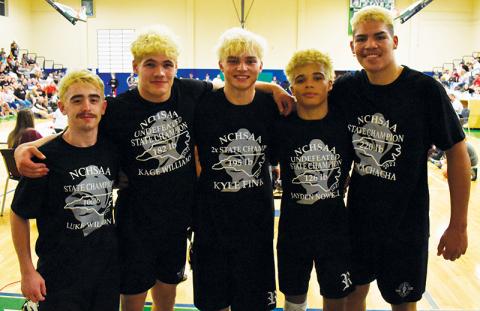 The Robbinsville Black Knights crowned five state champions at Saturday’s 1A Men’s Invitational in Asheboro. From left are Luke Wilson (106 pounds), Kage Williams (182), Kyle Fink (195), Jayden Nowell (126) and Ben Wachacha (220). Photos by Kevin Hensley/sports@grahamstar.com