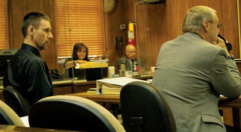 Casey Adam Haney (left) and his attorney Michael Fox in court Monday afternoon in Graham County. Haney is scheduled to be tried for two counts of indecent liberties with a child and one count of statutory rape this week. The incidents allegedly took place in 2017 and 2018 with the same female victim. Photo by Charlie Benton/news@grahamstar.com