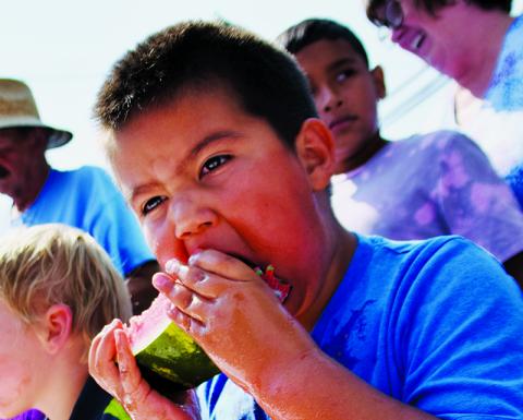 Six-year-old contestant Ryder Fortenberry worked hard to finish the watermelon-eating contest, held as part of the Graham County Heritage Festival on Saturday. Photos by Art Miller/amiller@grahamstar.com