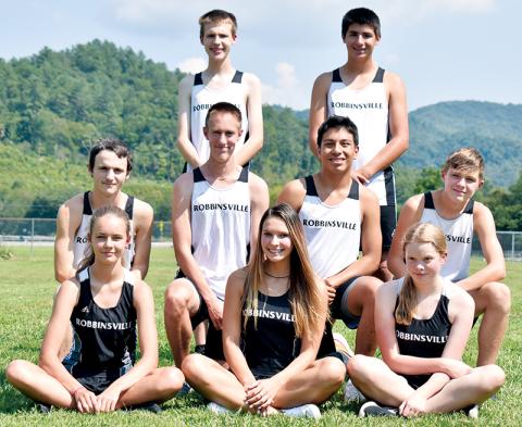 Pictured are the 2021 Robbinsville High School cross-country teams. All names are pictured from left. Seated in front: Liberty Hartley, Delaney Brooms and Greta Whisonant. Second row: Hayden Stewart, William Cable, Xander Wachacha and Jacob Satterfield. Standing in back: Zeb Stewart and Isaiah Brown. Not pictured are Ainslee Munro and Anna Wehr. Photo by Kevin Hensley/sports@grahamstar.com