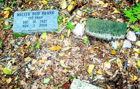 Graves on a ridge top near Swan Meadows: Walter “Bud” Brank – “The Swan” – Dec. 12, 1923 – Nov. 3, 2004; infant of Ed Johns and wife Christine Swan. Mark and Gina Rogers helped locate the graves. Photo by Marshall McClung/The Graham Star