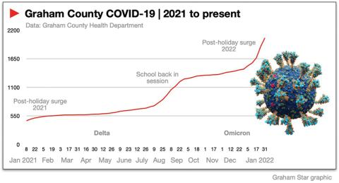 This graph shows COVID-19 trends from the outset of the pandemic. Graphic by Randy Foster/news@grahamstar.com