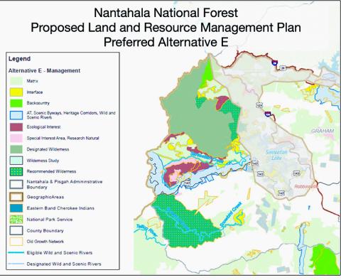 This proposed management plan for the Nantahala National Forest – “Alternative E” – has been presented to the Graham County Board of Commissioners.