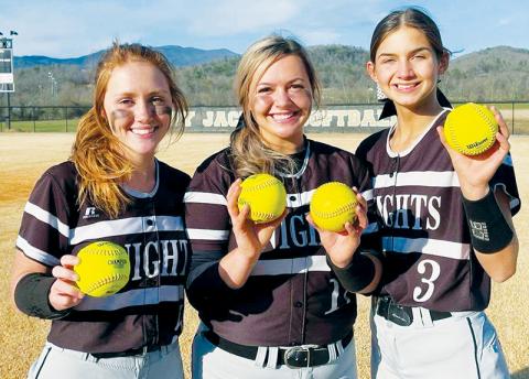 Robbinsville continues to pulverize the ball, with three Lady Knights launching long balls Monday at Hayesville. From left are Halee Anderson, Patience Frapp – who hit two – and Memory Frapp. Photo courtesy of Susan Crowe