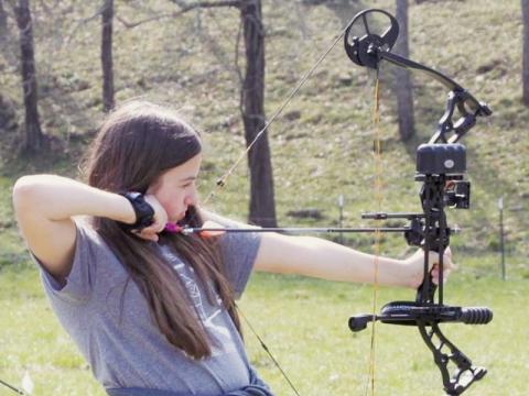 Robbinsville Middle School’s Myley Hyde takes aim during Saturday’s archery competition at the MidWest Tournament in Cruso. Photo by Cheri Lynn/Robbinsville Shooting Team