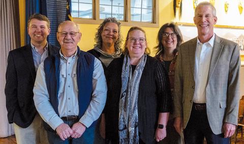 Legislative Affairs Director Deans Eatman, Board Chair Rick Davis, Gallery Manager Melinda DeHart, Executive Director Jennifer West, Program Director Amber Benton and Secretary of the North Carolina Department of Natural and Cultural Resources Reid Wilson (from left) toured the Stecoah Valley Cultural Arts Center on April 5. Photo courtesy of Brandon Goins/Contributing Photographer