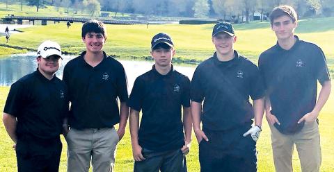 The Robbinsville Black Knights finished their 2022 season with an appearance in the regional tournament last week. From left are Cody Cline, Isaiah Brown, Trey Lambert, Turner Jackson and Dasan Gross. Photo courtesy of Jake Beasley/Robbinsville High School Golf