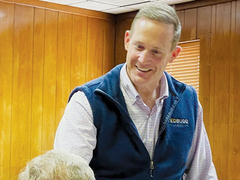 U.S. Rep. Ted Budd, a candidate for U.S. Senate, speaks with visitors at his campaign stop to the Graham County Courthouse on Monday. Photo by Randy Foster/news@grahamstar.com