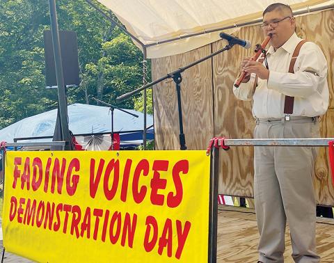 Matthew Tooni, a member of the Eastern Band of Cherokee Indians, performs at Saturday’s Fading Voices demonstration on the banks of Little Snowbird Creek in Graham County. Photos by Randy Foster/news@grahamstar.com