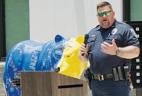 Then-Cherokee Indian Police Chief Josh Taylor delivers comments to an audience during the dedication of the Jacob Cornsilk Community Complex on June 3. Taylor announced his resignation to spend more time with family on June 10, effective Monday. Photo by Randy Foster/news@grahamstar.com