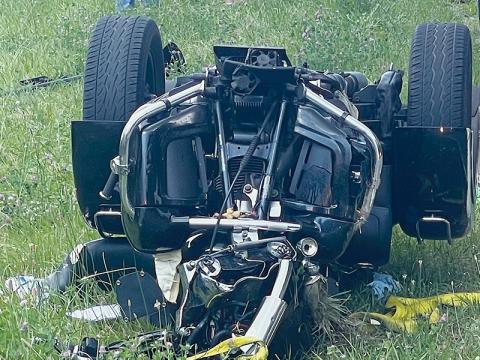Traffic was blocked in both directions just after 4 p.m. June 29, when a disabled three-wheel motorcycle being towed by a Good Samaritan rolled over on Sweetwater Road about two miles east of Rodney Orr Bypass. Photo by Randy Foster/news@grahamstar.com