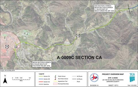 This map from the N.C. Department of Transportation – dated May 23 – shows the path the Corridor K improvements will take through Graham County (green line). Map courtesy of N.C. Department of Transportation