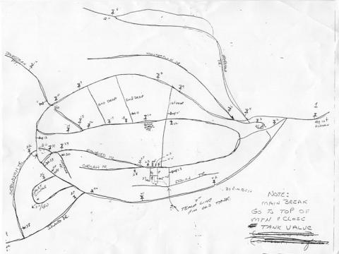 This sketch provides the estimated path of travel for the Town of Lake Santeetlah’s water system. The town is working with Robbinsville to borrow equipment that would provide an exact map – something Lake Santeetlah has never had.