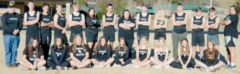 Members of the 2022-23 Robbinsville High School indoor track team. All names are listed from left. Front row: Tia Hall, Naomi Taylor, Kadence Howell, Katie-Lyn Gross, Anna Wehr, Taelyr Jackson, Delaney Brooms and Zoie Shuler. Back row: Colton  Satterfield, Zeb Stewart, Albert Avella, Bruce Helms, Caleb Draper, Fala Welch, William Cable, Eden Orr, Logan Hooper, Kensley Phillips, Donovin Hall, Cooper Adams, Caden Lail and Tytan Teesateskie. Photo by Kevin Hensley/sports@grahamstar.com