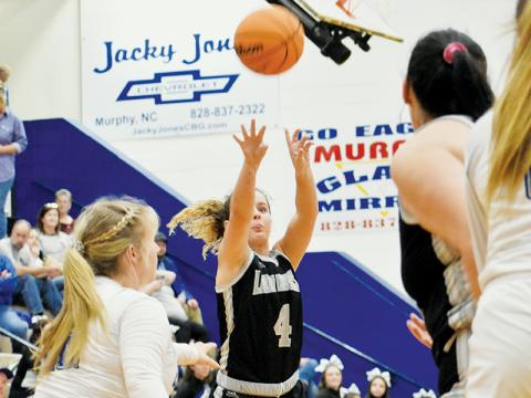 Desta Trammell unloads one of her 8 long-range shots Monday at Hiwassee Dam. In as many weeks,  Robbinsville’s senior point guard has twice broken the 40-point threshold. Photo by Kevin Hensley/sports@grahamstar.com