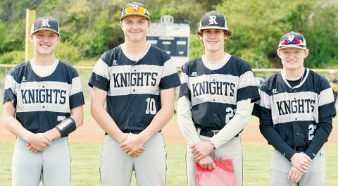 Prior to Tuesday’s home game against Hayesville, the Robbinsville Black Knights recognized their four baseball seniors. From left are Alex Knight, Lathan Buchanan, Preston Phillips and Caleb Turpin. Photos by Kevin Hensley/sports@grahamstar.com