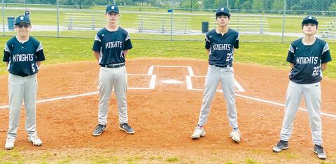 Prior to May 11’s game against Copper Basin, Tenn., Robbinsville Middle School recognized its 8th-grade baseball players. From left are Cody Crisp, Zander Davis, Tucker Jones and Slade Freeman. Not pictured are Levi Roberts and Sawyer Hogsed. Photo courtesy of Adam Brooks/Robbinsville Middle School Baseball