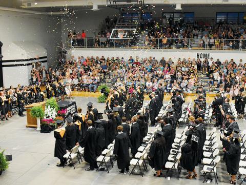 Confetti and Silly String filled the upper reaches of the Robbinsville High School gymnasium Friday, as the Class of 2023 celebrated their graduation. Photo by Kevin Hensley/editor@grahamstar.com