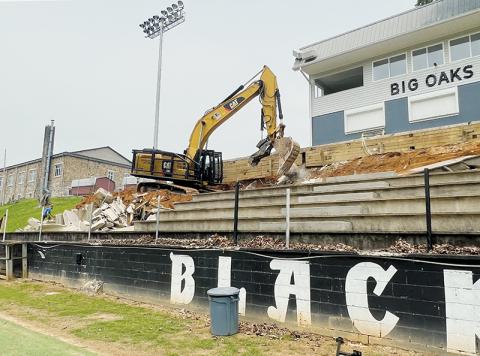 The measure to demolish perilous seating on the home side of Big Oaks Stadium was approved around 11:30 a.m. June 29. Two hours later, work commenced. Photos by Kevin Hensley/sports@grahamstar.com