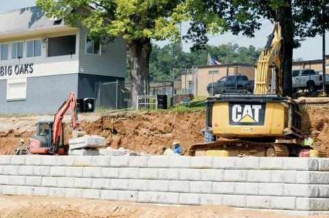 The demolition and renovation of the home bleachers at Big Oaks Stadium is still on track to be completed in time for the upcoming football season. As seen in this Monday photo, a front-retaining wall has been poured and finished; the rear wall was set to begin pouring this week. Photos by Kevin Hensley/sports@grahamstar.com