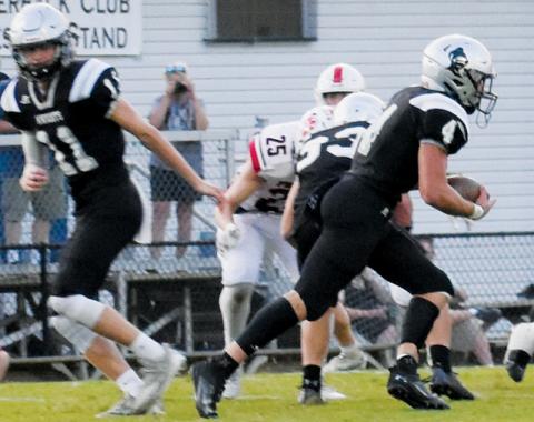 The anything-but-appetizing combination of “Biscuits and Gravy” – senior backs Cuttler Adams (4) and Kage Williams (33) – ran wild on the Franklin Panthers, combining for 27 carries, 150 of the Knights’ 200 rushing yards and all three of Robbinsville’s touchdowns on the ground in the 26-0 win. Photos by Danielle Crabtree/The Graham Star