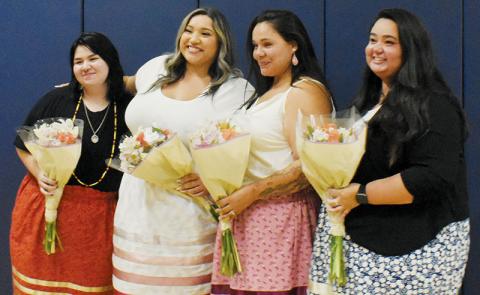 Dadiwonisi Language Program graduates stand in recognition at the end of Tuesday’s ceremony. From left are Jazlyn “Wadulisi” McEntire, Cailon “Uwodsdi” Garland, Kirstie “Tsayga” Frady and Gina “Amage” Myers. Photo by Ruby Annas/news@grahamstar.com
