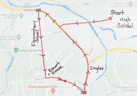 This drawing shows the new route for the upcoming Robbinsville High School Homecoming Parade on Oct. 13, which will see the route begin and end at the new entrance to the school (Wayne  Carringer Blvd., off Rodney Orr Bypass).