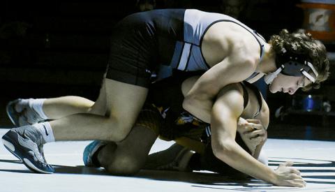 Lleyton Hooper applies a half-nelson during Tuesday’s dual against Cherokee. Photo courtesy of Jacquline Gayosso/Contributing Photographer
