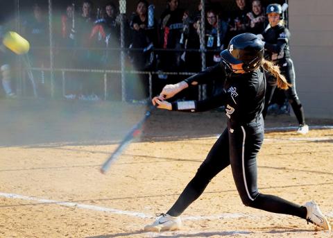Senior shortstop Zoie Shuler puts a charge into one of Robbinsville’s 11 hits Tuesday at Cherokee. The University of Tennessee-commit entered this season as the program’s all-time home run leader (21 to date) and is a serious contender to break the Lady Knights’ stolen base and RBI record before all is said and done. Photo by Brooklyn Brown/Cherokee One Feather