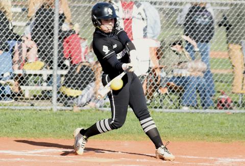 Suri Watty connects for one of her three hits Friday. The sophomore second baseman totaled five hits, four RBI and two doubles in last week’s series with Andrews. Photos by Kevin Hensley/sports@grahamstar.com
