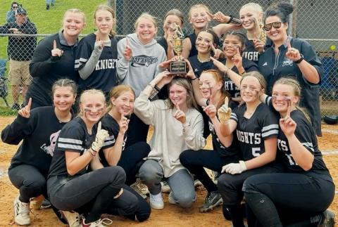 The Robbinsville Middle School Lady Knights capped an unblemished 13-0 season by downing Cherokee 16-5 on Monday to win the conference title game. All names are listed from left. Front row: Bella Coats, Khaygen Buchanan, Loxley Burke, Daphne Barlow, Kynadee Spencer, Lexie Williams and Zeyli Williams. Back row:  Assistant coach Lauren Silvers, Natalee Myers, Mylee Webster, Lakin Orr, Alyssa Bohn, Ella Nelms, Jayden Chekeleelee, Myah Winfrey and head coach Anna Stewart.