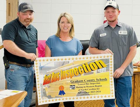 Graham County Schools received the lowest bus inspection rating in Western North Carolina from the N.C. Department of Public Inspection. The district’s transportation department was recognized at June 27’s special-called board of education meeting. From left are Adam Harkins, transportation director; Lisa Ford, transportation administrative assistant; and David Lovingood, transportation mechanic. Photo by Kevin Hensley/editor@grahamstar.com