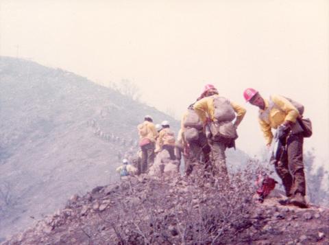 The U.S. Forest Service “Hotshot” fire crew inside the Angeles National Forest, 1979. Photo by Marshall McClung/The Graham Star