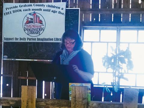 Mary Griffin speaks at a 2019 GREAT meeting in Robbinsville, advocating for the Dolly Parton Imagination Library. The beloved face of the Graham County Public Library passed away Aug. 22.