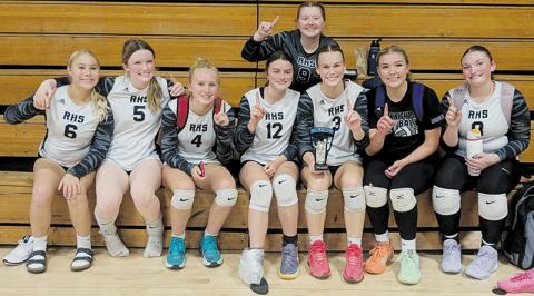 It was smiles all around for Robbinsville volleyball Saturday, as the Lady Knights swept the field clean in a tournament at Chase High School. Counting Tuesday’s win over Murphy, Robbinsville has won 14 straight sets. From left are Suri Watty, Daphne Barlow, Khaygen Buchanan, Chloe Adams, Olivia Lewis (in back), Claire Barlow, Liz Carpenter and Ryn Hooper. Photo courtesy of RHS Volleyball